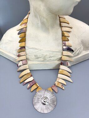 Vintage Tribal Bohemian Jasper Stone Necklace Silver Medallion Pendant